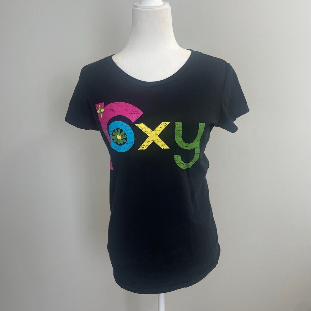 Roxy Y2K Graphic Tee Black Colorful Logo Surf Skater Girl Top